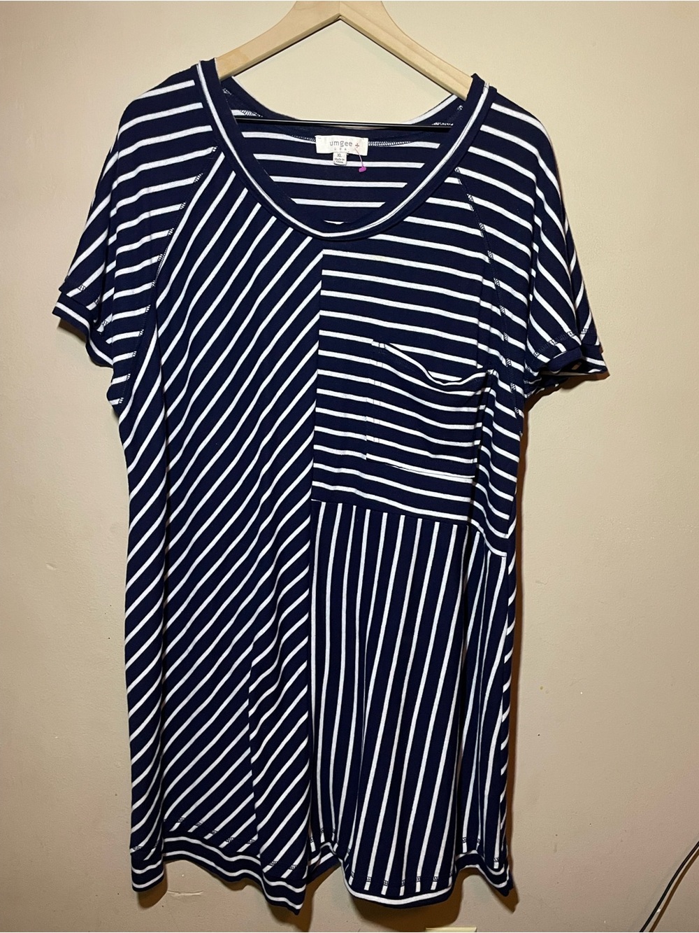 Umgee XL Navy & White Striped Dress Mixed Stripe Pocket Casual Coastal